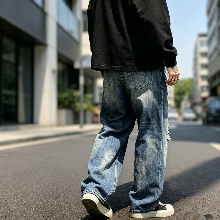 Herren Lässige Weit Geschnittene Ripped Jeans Echoarchiv