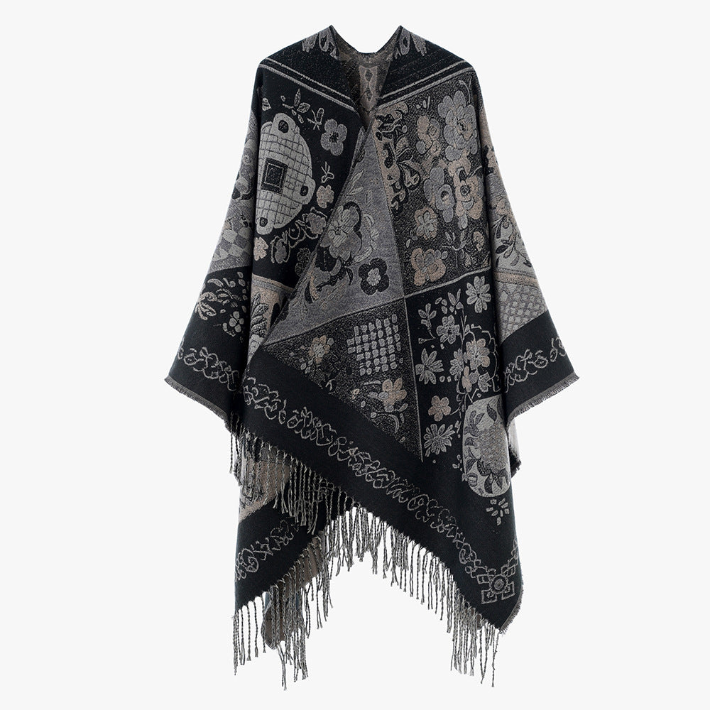 Damen Jacquard-Poncho mit Boho-Patchwork-Muster und Fransensaum Echo Archiv