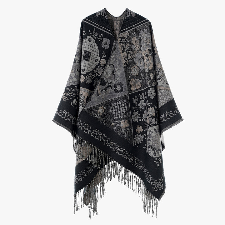 Damen Jacquard-Poncho mit Boho-Patchwork-Muster und Fransensaum Echo Archiv