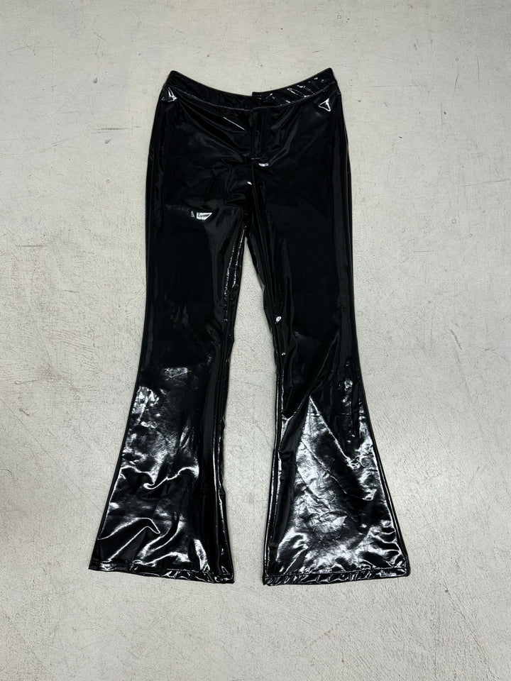 Damen nan hochglänzende Lackhose mit hoher Taille, figurbetonter Oberschenkelpassform und weitem Schlag Echo Archiv
