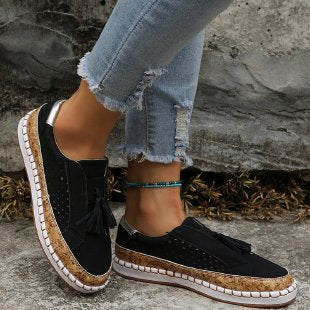 Damen perforierter Tassel-Slip-On Loafer mit Korkoptik-Plateau und gepolstertem Komfortfußbett Echo Archiv