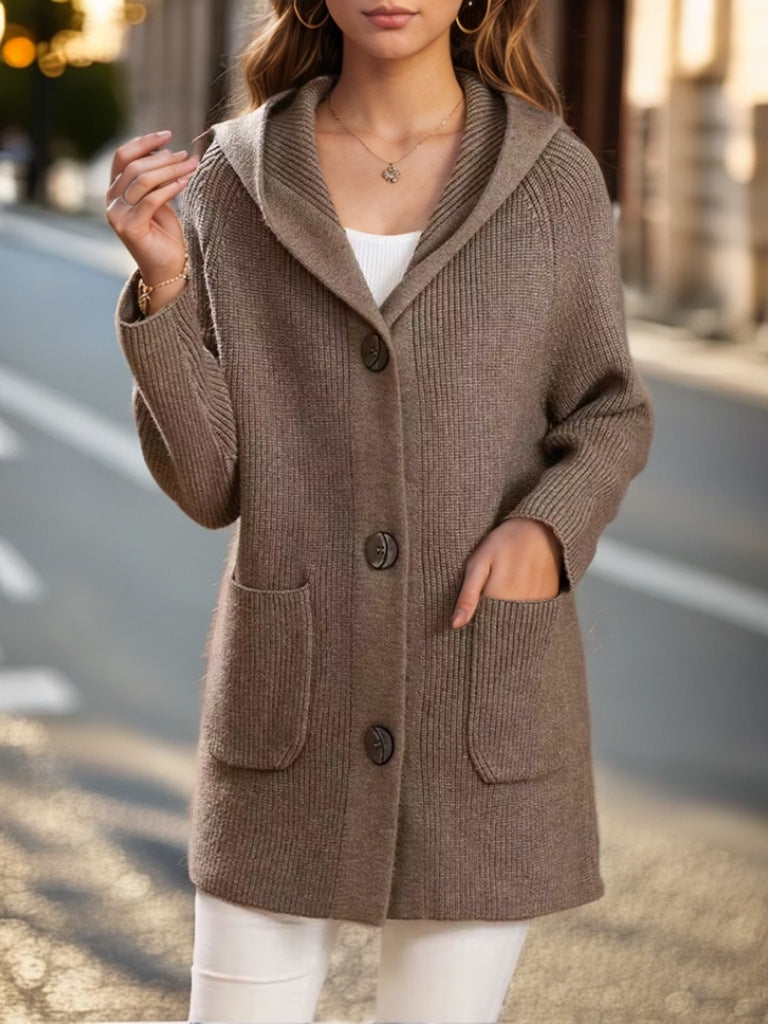 Damen nan lange gerippte Kapuzen-Strickjacke mit aufgesetzten Taschen und markanten Knöpfen Echo Archiv