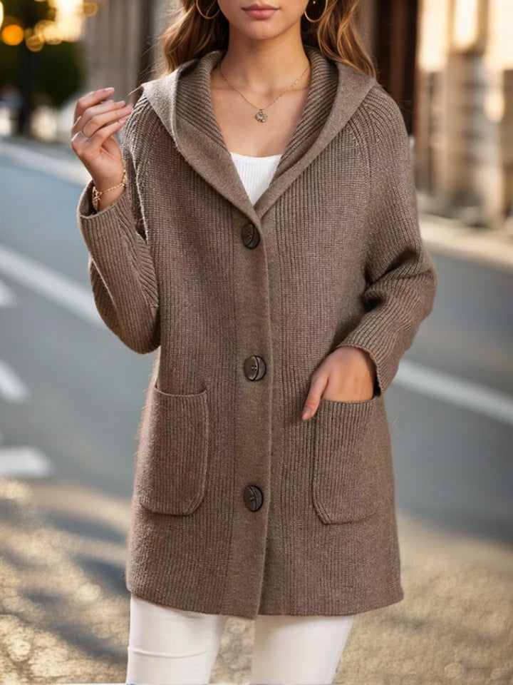 Damen nan lange gerippte Kapuzen-Strickjacke mit aufgesetzten Taschen und markanten Knöpfen Echo Archiv