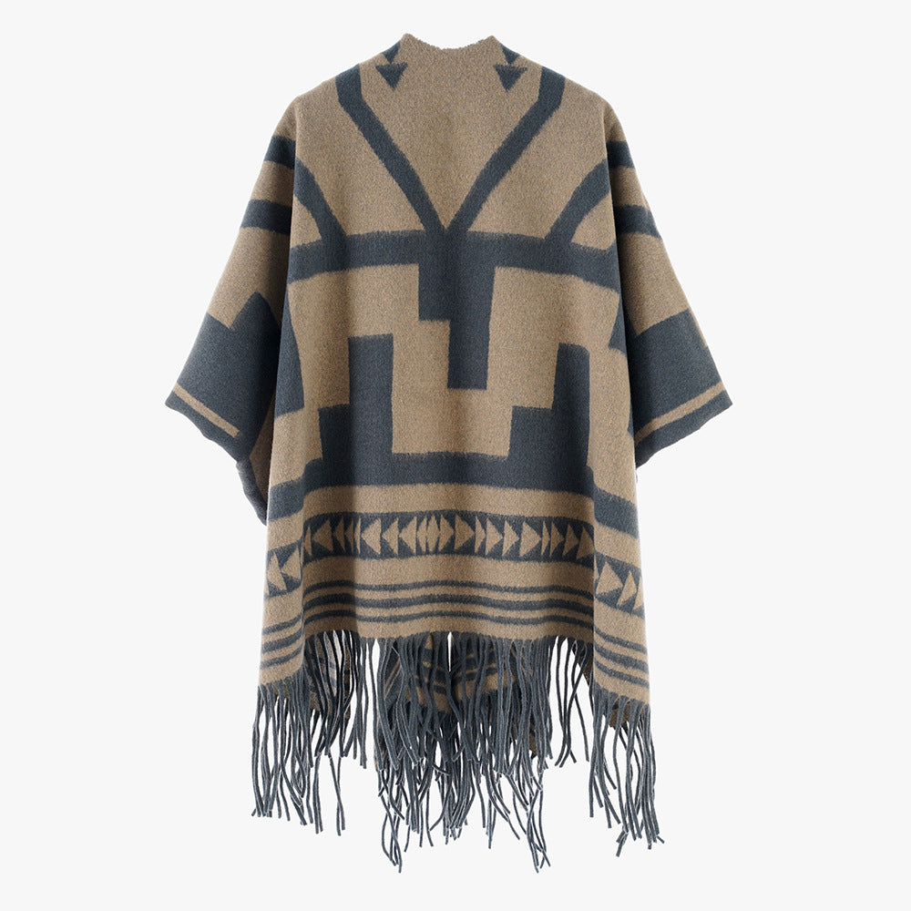 Damen Aztekisch inspirierter Wollmix-Überwurf mit asymmetrischem Fall und Fransensaum – Avérine