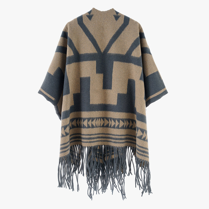 Damen Aztekisch inspirierter Wollmix-Überwurf mit asymmetrischem Fall und Fransensaum – Avérine