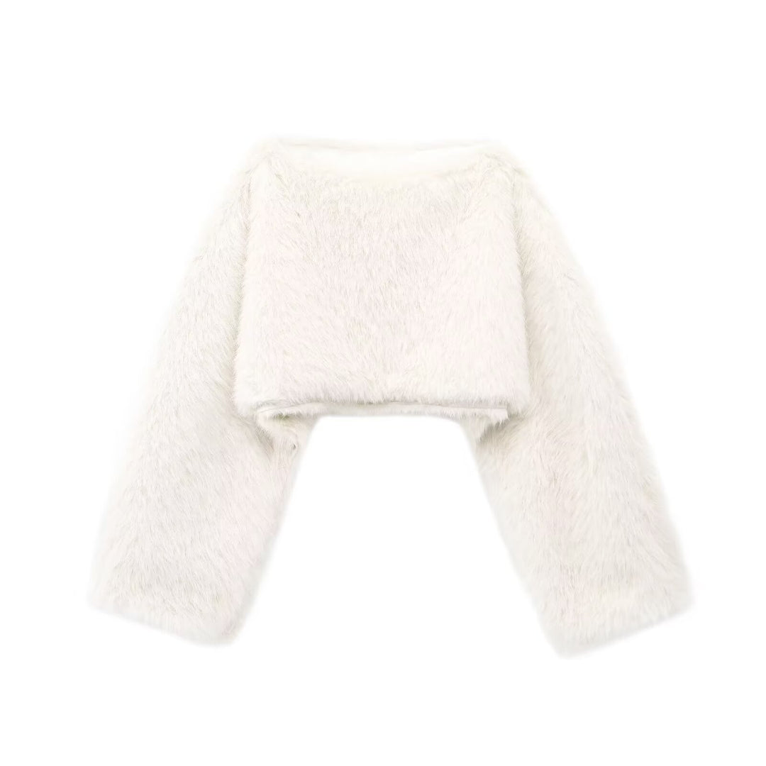 Damen nan kuscheliger Cropped-Fellpullover mit weitem Bootneck und voluminösen Ärmeln Echo Archiv