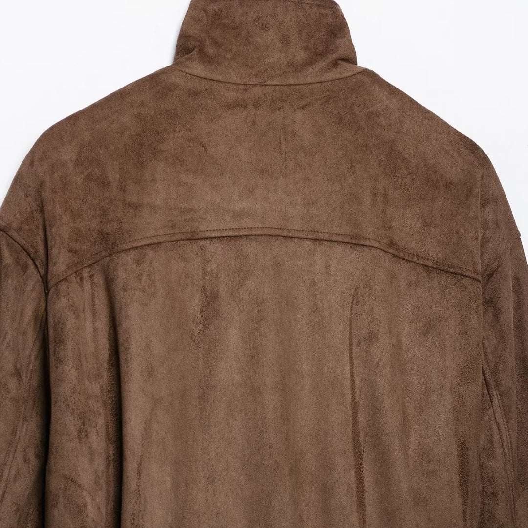 Damen Kurzjacke im Wildleder‑Look mit hohem Stehkragen, dekorativen Teilungsnähten und Bindegürtel Echoarchiv
