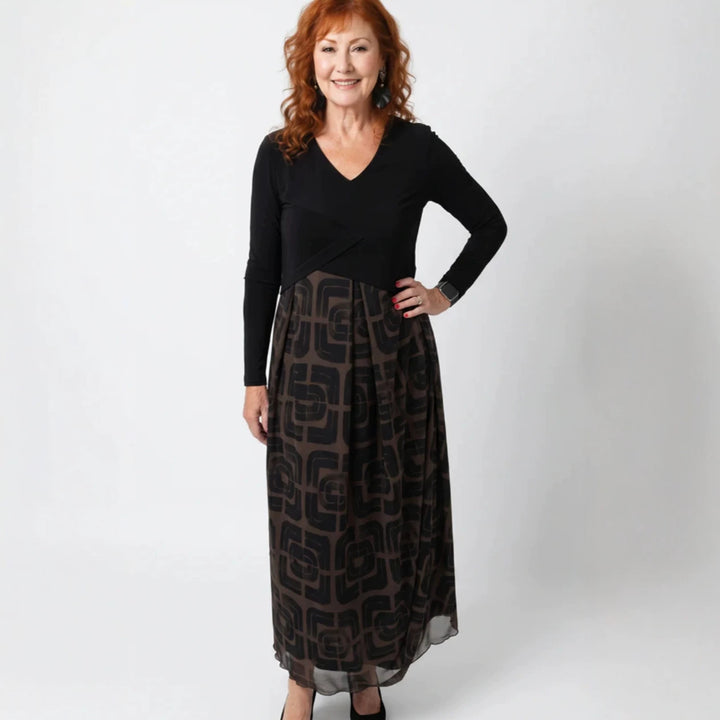 Damen nan V-Ausschnitt Maxikleid mit tailliertem Wickeloberteil und transparentem gemustertem Overlayrock Echo Archiv