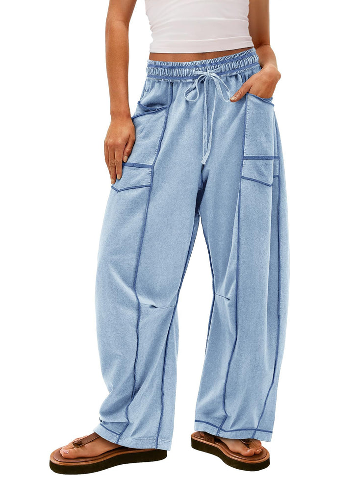 Damen weite Cargo-Loungehose mit elastischem Bund und Kontrastnähten – Avérine