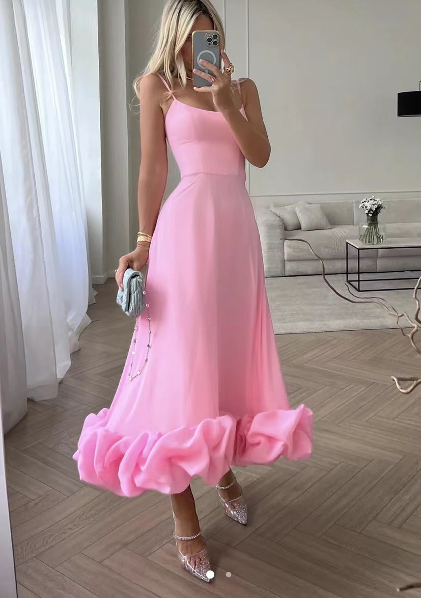 Damen Midi-Kleid mit zarten Spaghetti-Trägern und voluminösem Rüschensaum Echo Archiv