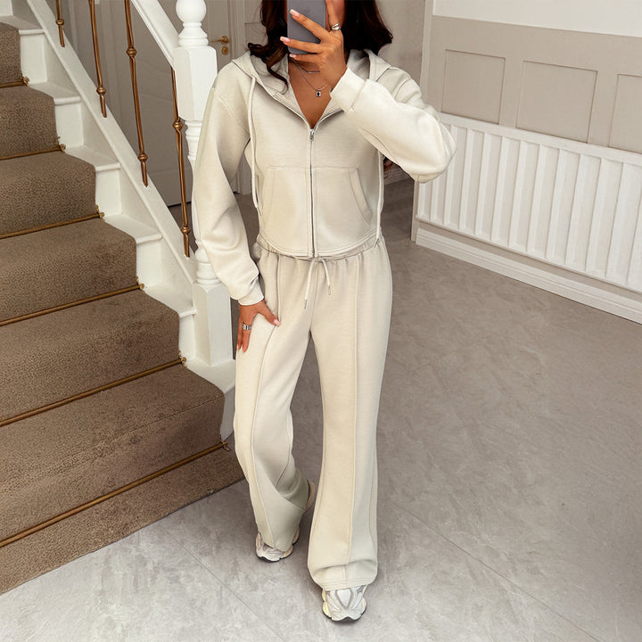 Damen cropped Kapuzen-Sweatjacke mit Tunnelzug und hochgeschnittener Palazzo-Hose – Auréline