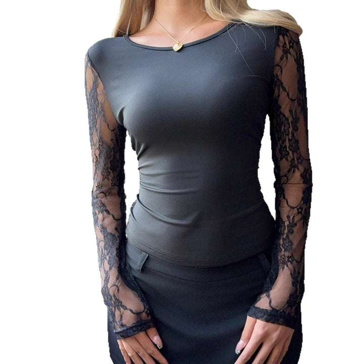 Damen nan tailliertes elastisches Langarmshirt mit floralen Spitzen-Armverzierungen Echo Archiv