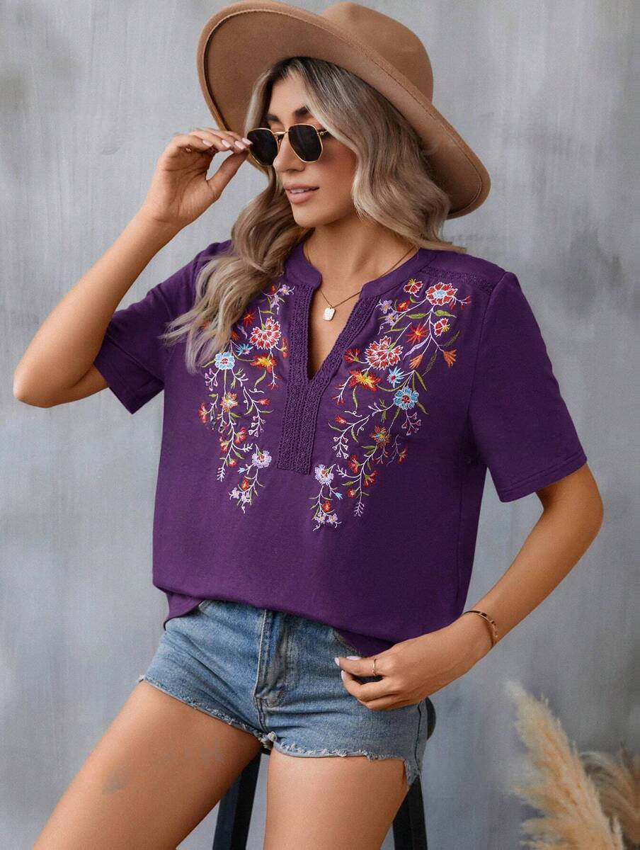Damen bestickte Boho-Tunika mit tiefem Ausschnitt und Spitzenbesatz Echo Archiv