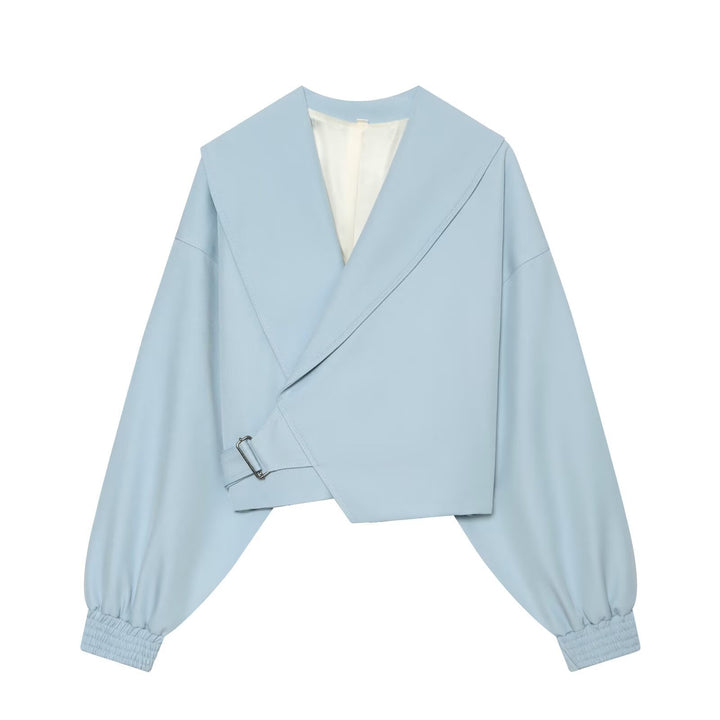 Damen Kurze Wickeljacke mit weitem Schalkragen, taillierendem Schnallenband und Ballonärmeln Echo Archiv