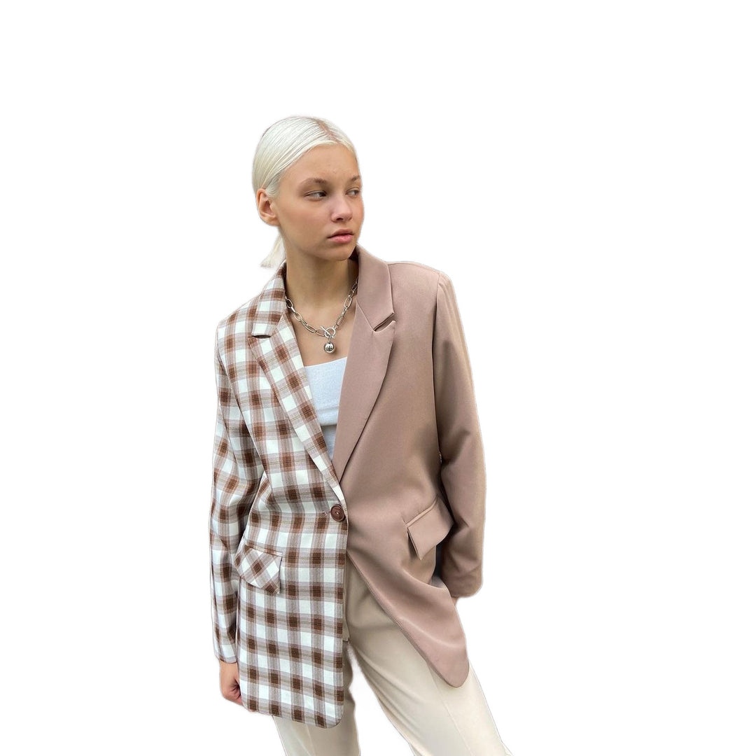 Damen Zweifarbiger Oversize-Blazer mit Karomuster und Reverskragen Echoarchiv