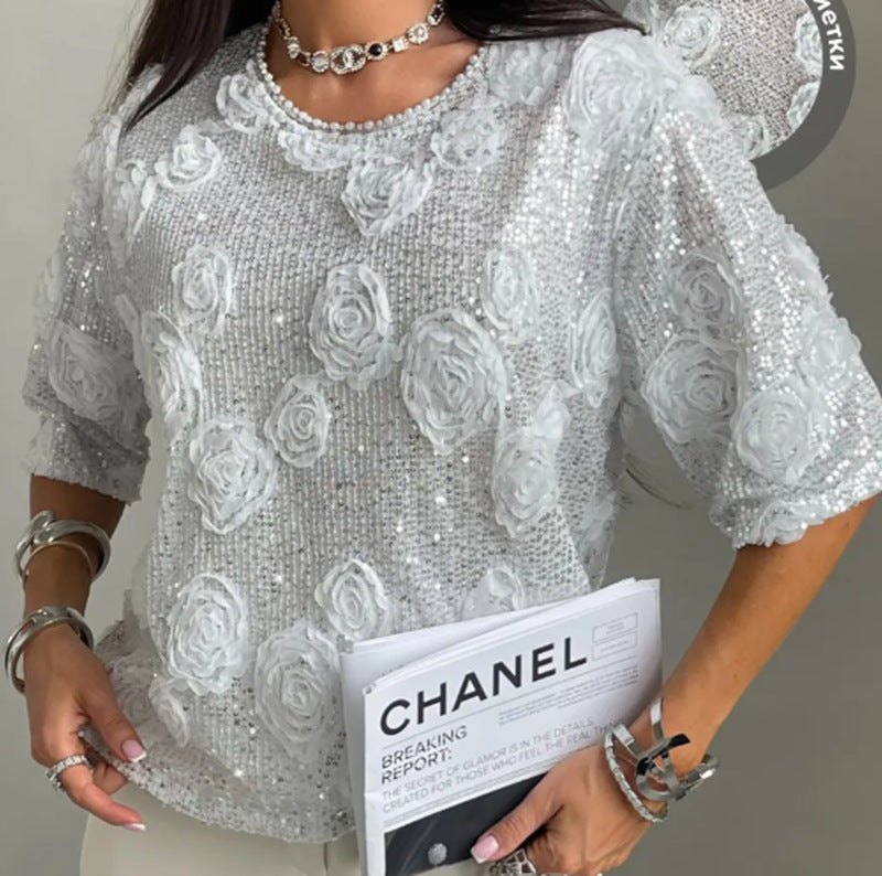 Damen nan elegante Paillettenbluse mit dreidimensionalen Rosenapplikationen, Rundhalsausschnitt und halblangen Ärmeln Echo Archiv