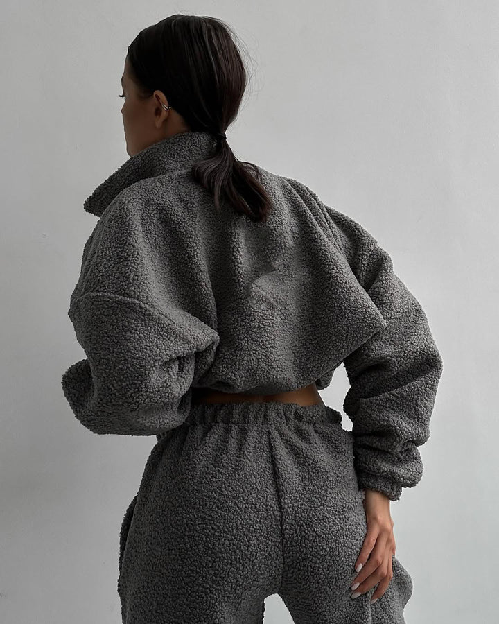 Damen Teddy-Fleece-Loungewear Set mit halbem Reißverschluss elastischem Tunnelzugbund und weitem Bein – Auréline