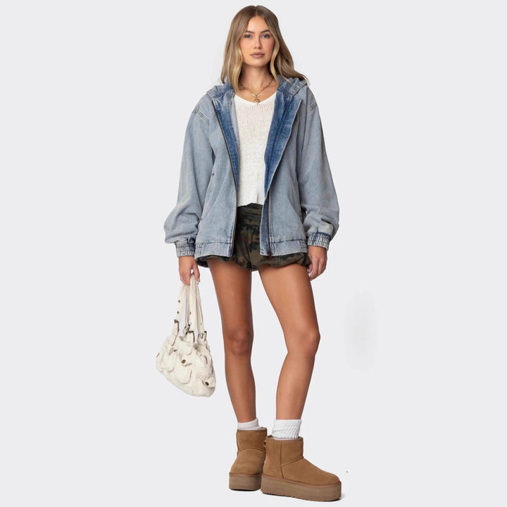 Damen Oversized Denimjacke mit Kapuze und elastischen Bündchen Echo Archiv