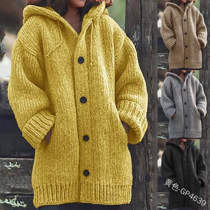 Damen weit geschnittener Kapuzen-Strickmantel mit Knopfleiste und Eingrifftaschen Echo Archiv