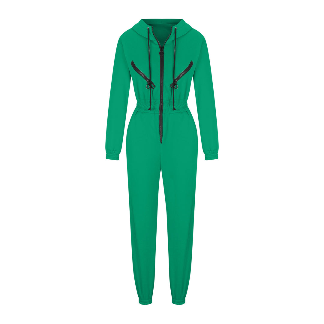 Damen taillierter Kapuzen-Jumpsuit mit elastischem Bund und markanten Kontrast-Reißverschlüssen – Solévia
