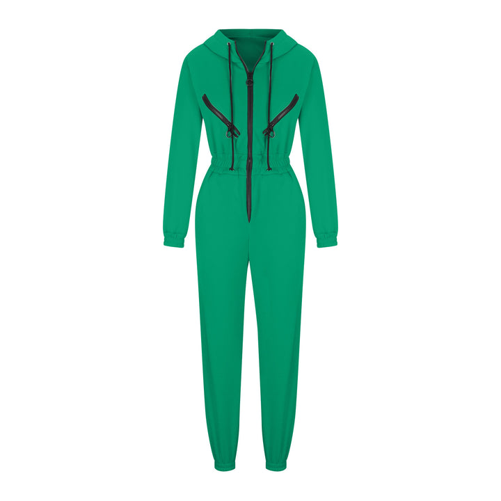 Damen taillierter Kapuzen-Jumpsuit mit elastischem Bund und markanten Kontrast-Reißverschlüssen – Solévia