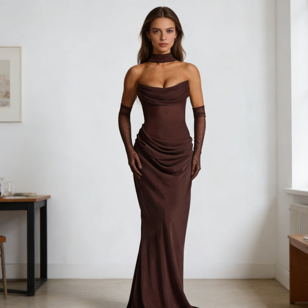 Damen Elegantes schulterfreies Maxikleid mit verführerischem Rüschendetail Echo Archiv