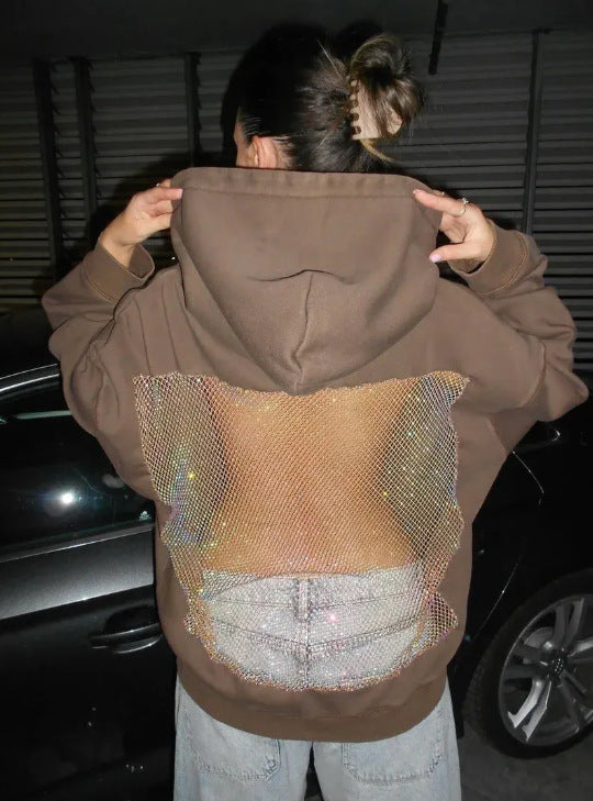 Damen Hoodie mit glitzerndem Mesh-Rückenapplikation – Auréline