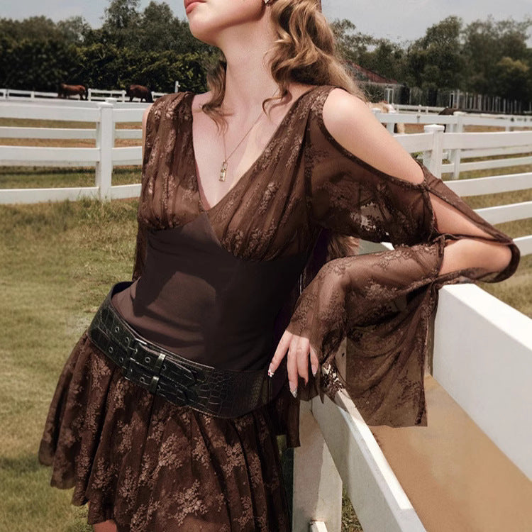 Damen elegantes Wickelkleid mit transparenten Spitzenärmel Echo Archiv