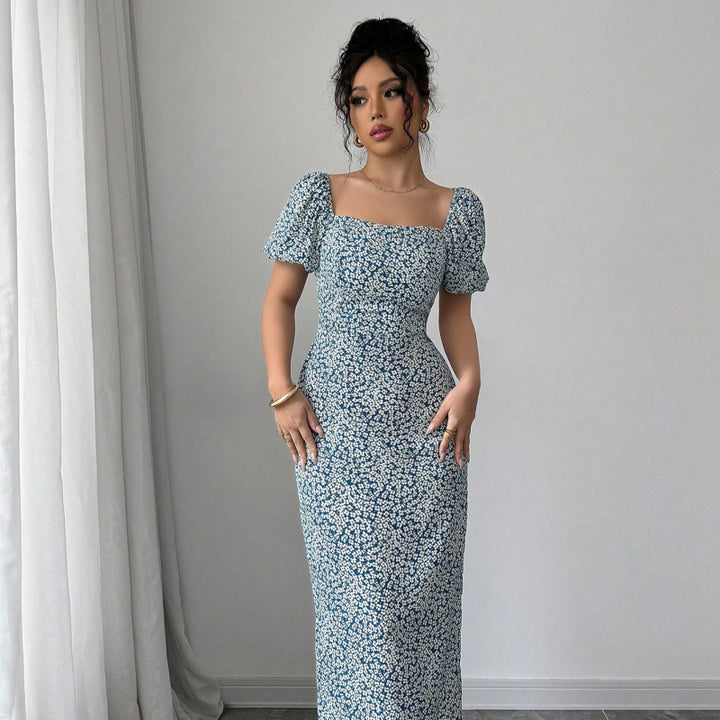 Damen Midikleid mit schulterfreien Puffärmeln und floralem Muster Echo Archiv