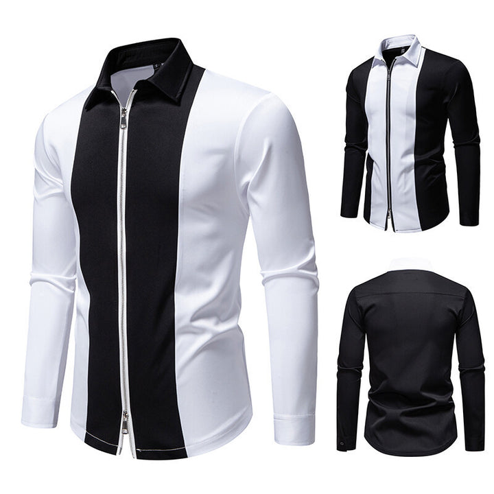 Herren modisches Langarmshirt mit stylischem Stehkragen und kontrastierenden Paspeln Echoarchiv