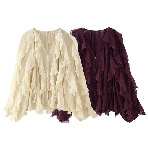Damen Volant-Chiffonbluse mit Knopfleiste, gerafftem Ausschnitt und Ballonärmeln Echo Archiv