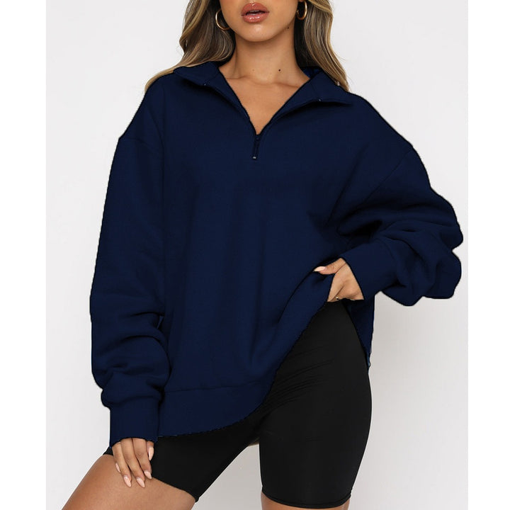 Damen oversized Sweatshirt mit halbem Reißverschluss, weichem Fleece-Innenfutter und Kängurutasche – Avérine