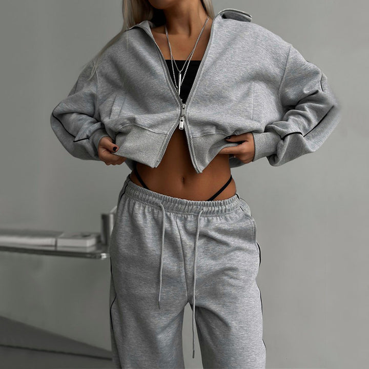 Damen nan kurzes Reißverschluss-Hoodie und hohe Taillen-Jogginghose Set mit dekorativer Seitenpaspel Echo Archiv