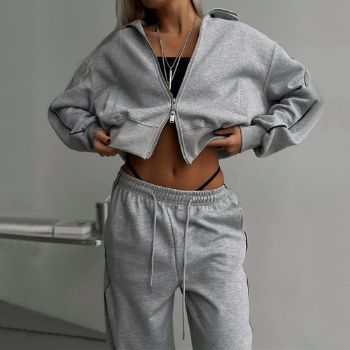 Damen nan kurzes Reißverschluss-Hoodie und hohe Taillen-Jogginghose Set mit dekorativer Seitenpaspel Echo Archiv