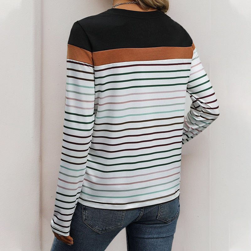 Damen Langärmliges gestreiftes Shirt mit Colorblock‑Schulter und Rundhalsausschnitt Echoarchiv