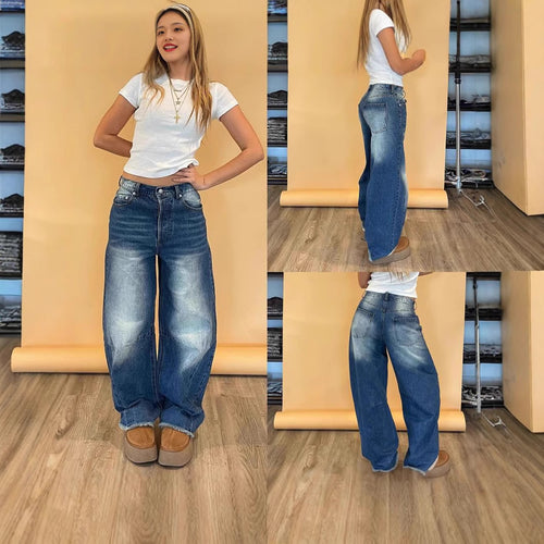 Damen nan weite Baggy-Jeans mit tiefer Schrittnaht, markanten Knieabnähern und verstärktem Five‑Pocket‑Schnitt Echo Archiv