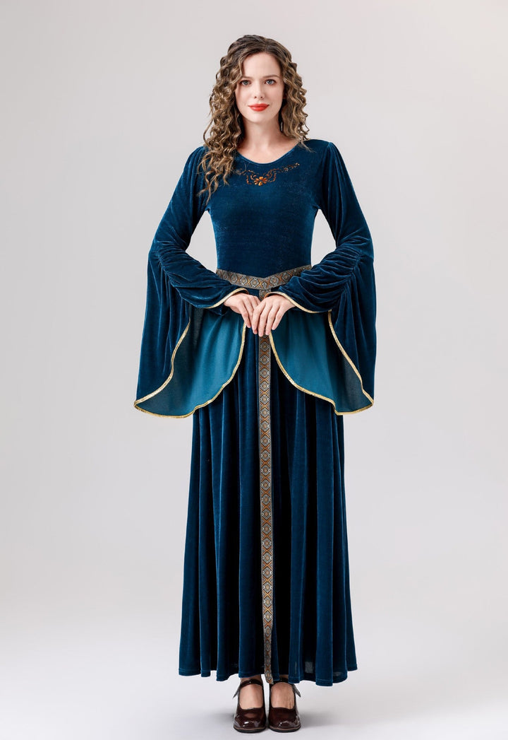 Damen elegantes Samtkleid mit Weitem Ärmel und Ziergürtel – Élara