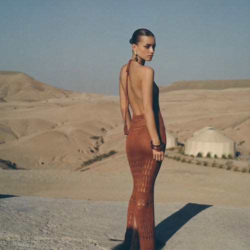 Damen elegantes Häkel-Maxikleid mit tiefem Rückenausschnitt Echo Archiv