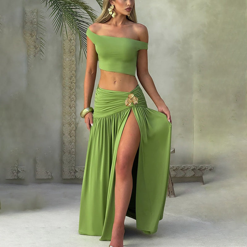 Damen Elegantes Off-Shoulder Maxikleid mit seitlichem Schlitz und raffiniertem Bund Echo Archiv