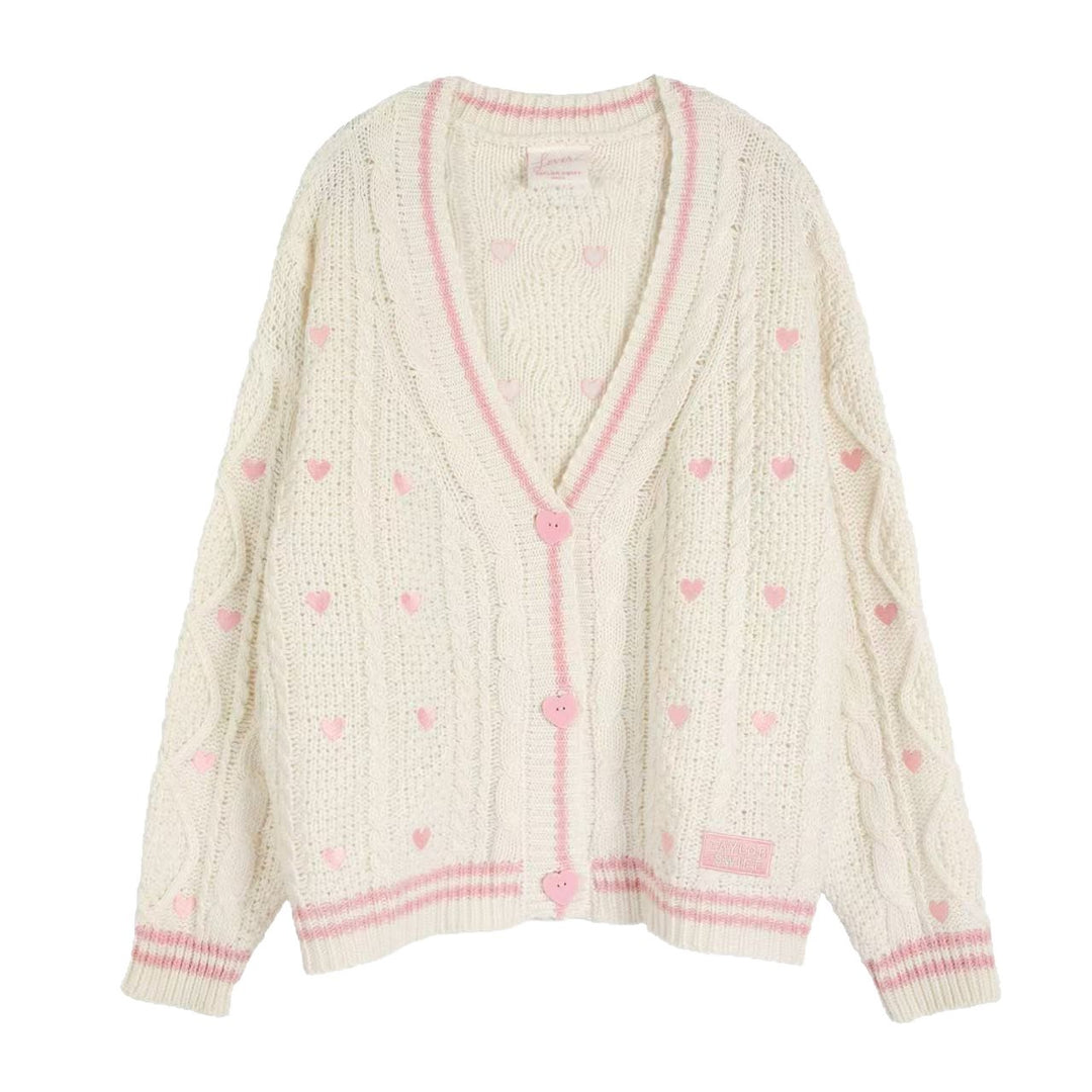 Damen nan grob gestrickter V-Ausschnitt-Cardigan mit Herzapplikationen und dekorativen Herzknöpfen Echo Archiv