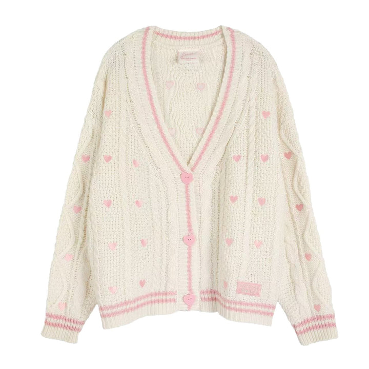 Damen nan grob gestrickter V-Ausschnitt-Cardigan mit Herzapplikationen und dekorativen Herzknöpfen Echo Archiv