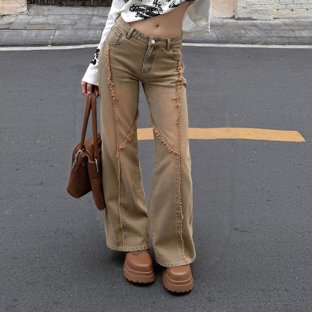 Damen nan hochgeschnittene Wide‑Leg Jeans mit offenen Saumnähten, diagonalem Fransenbesatz und Relaxed Fit Echo Archiv