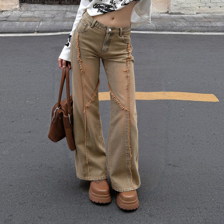 Damen nan hochgeschnittene Wide‑Leg Jeans mit offenen Saumnähten, diagonalem Fransenbesatz und Relaxed Fit Echo Archiv