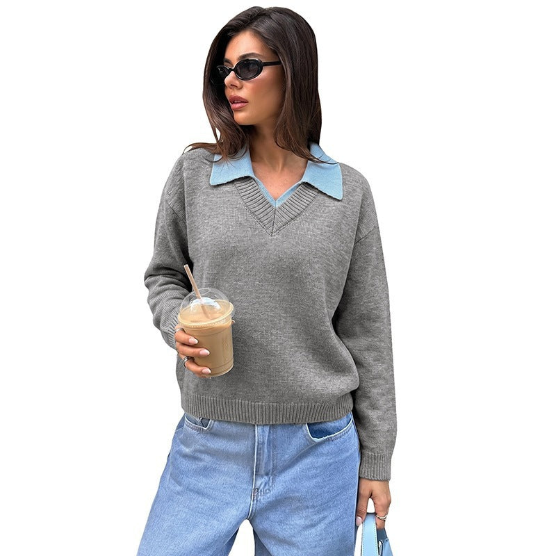 Damen Modischer V-Ausschnitt Pullover mit Kragen Echo Archiv