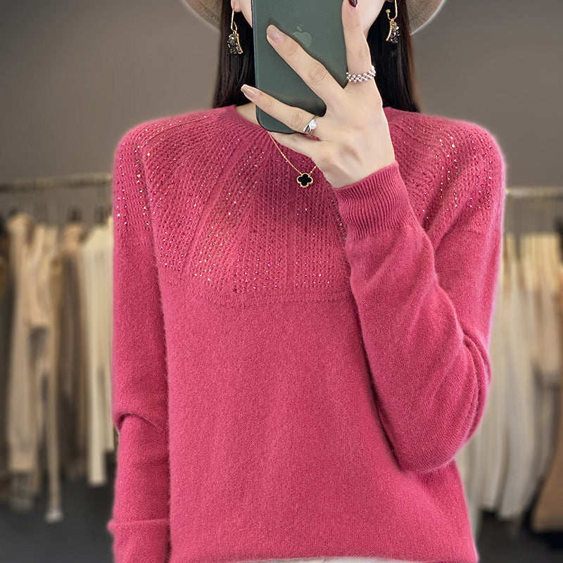 Damen Weicher Kaschmir‑Optik Feinstrickpullover mit Ajour‑Yoke und Paillettenbesatz Echoarchiv