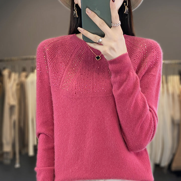 Damen Weicher Kaschmir‑Optik Feinstrickpullover mit Ajour‑Yoke und Paillettenbesatz Echoarchiv