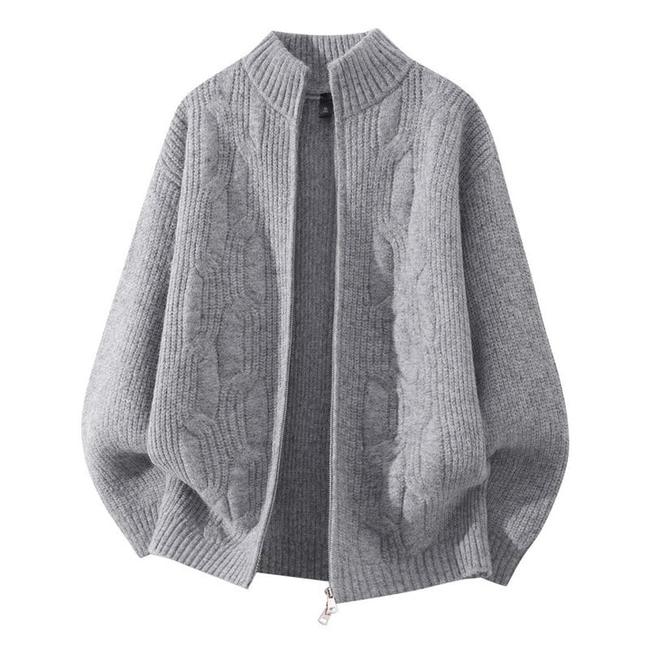 Damen Weicher Oversize‑Zopfmuster‑Cardigan mit Stehkragen & Zwei‑Wege‑Reißverschluss Echoarchiv