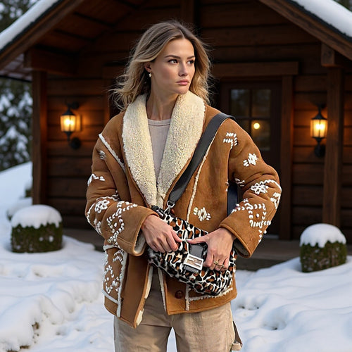 Damen Kurze Velourslederjacke mit Teddyfutter und Zierstickerei Echo Archiv