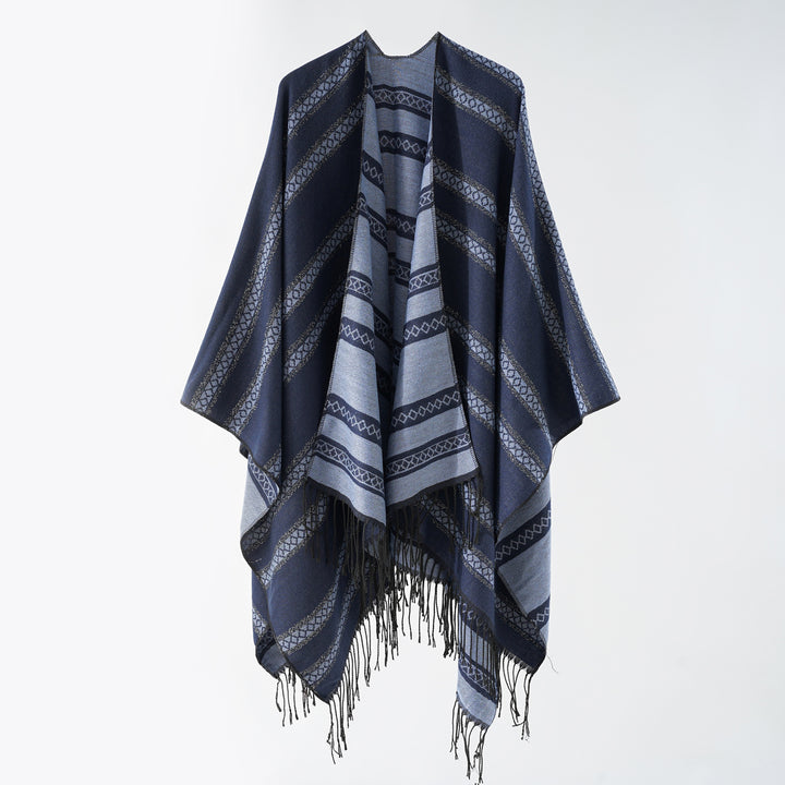 Damen Langer Webponcho im Cape-Stil mit Streifen-Jacquard und Fransen Echo Archiv