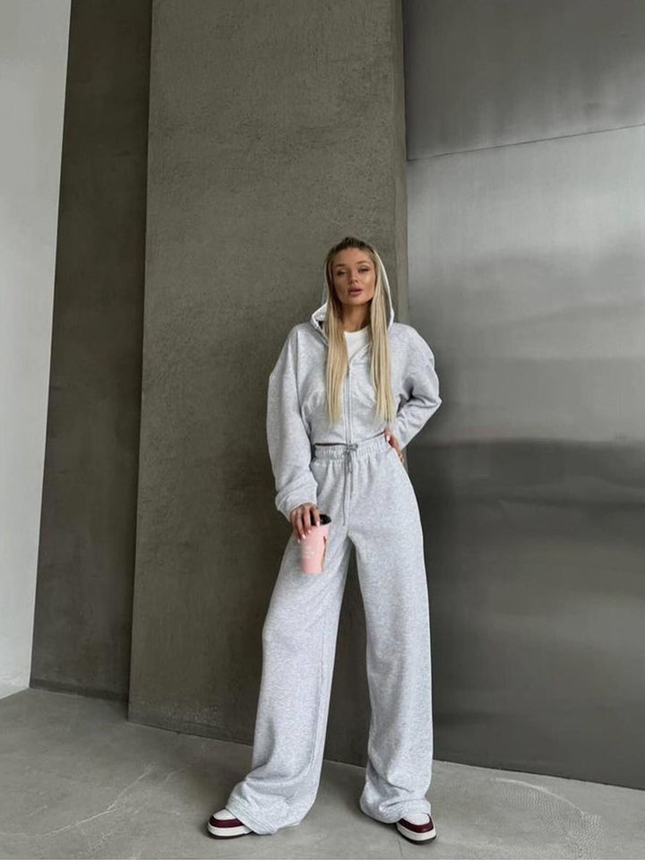 Damen kurzes Reißverschluss-Cropped-Hoodie mit hoher Bund Palazzo-Jogginghose Set – Auréline